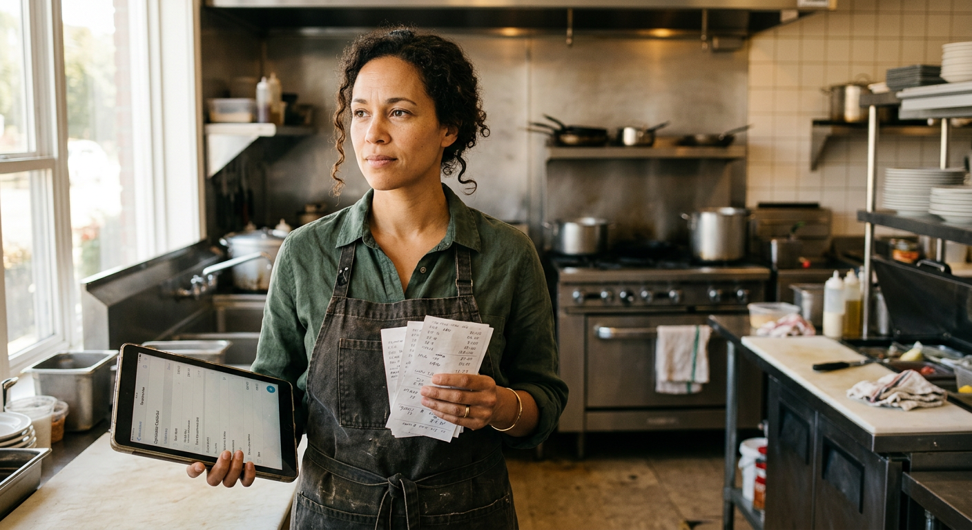 A first-time restaurant owner reviewing their numbers in their own kitchen before opening